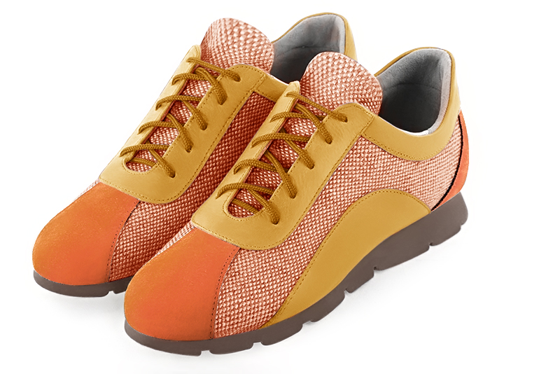 Apricot orange and mustard yellow women's two-tone elegant sneakers. Round toe. Flat rubber soles. Front view - Florence KOOIJMAN